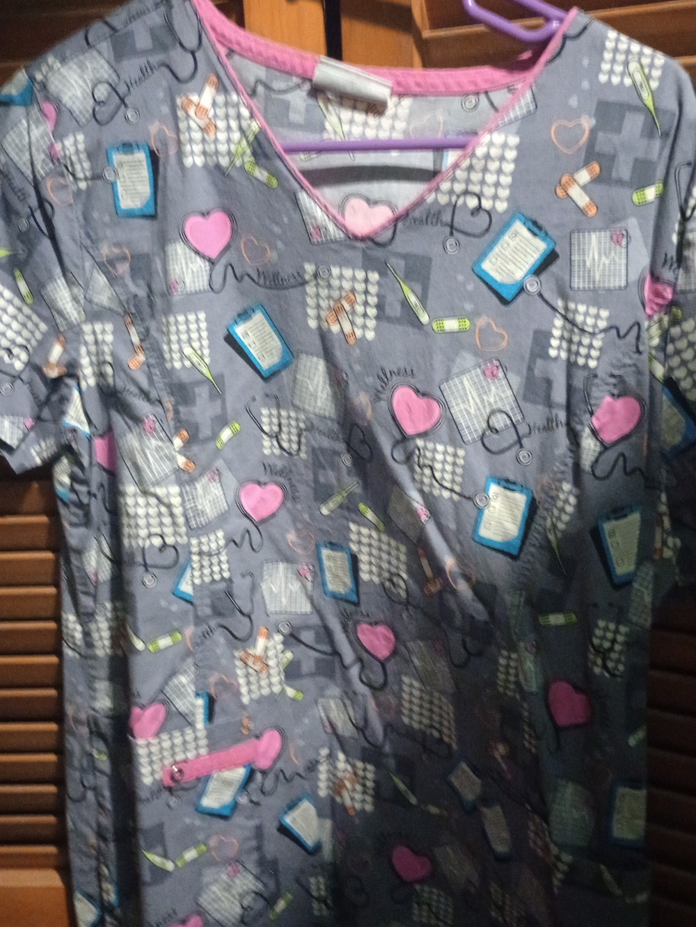 Scrubstar Gray Medical Print Scrub Top with Pink Accents